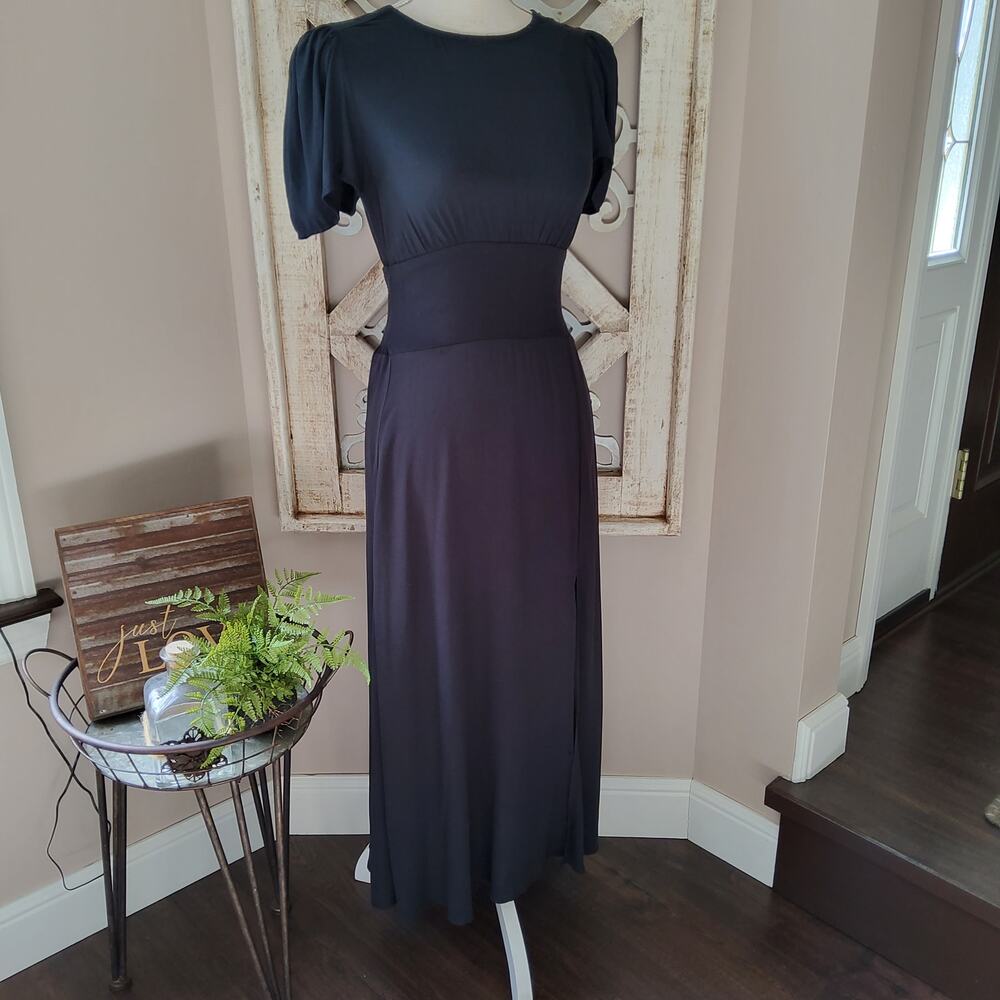 AFRM Women's Noir Short Flutter Sleeve Open Back Midi Dress Front Slit in Black